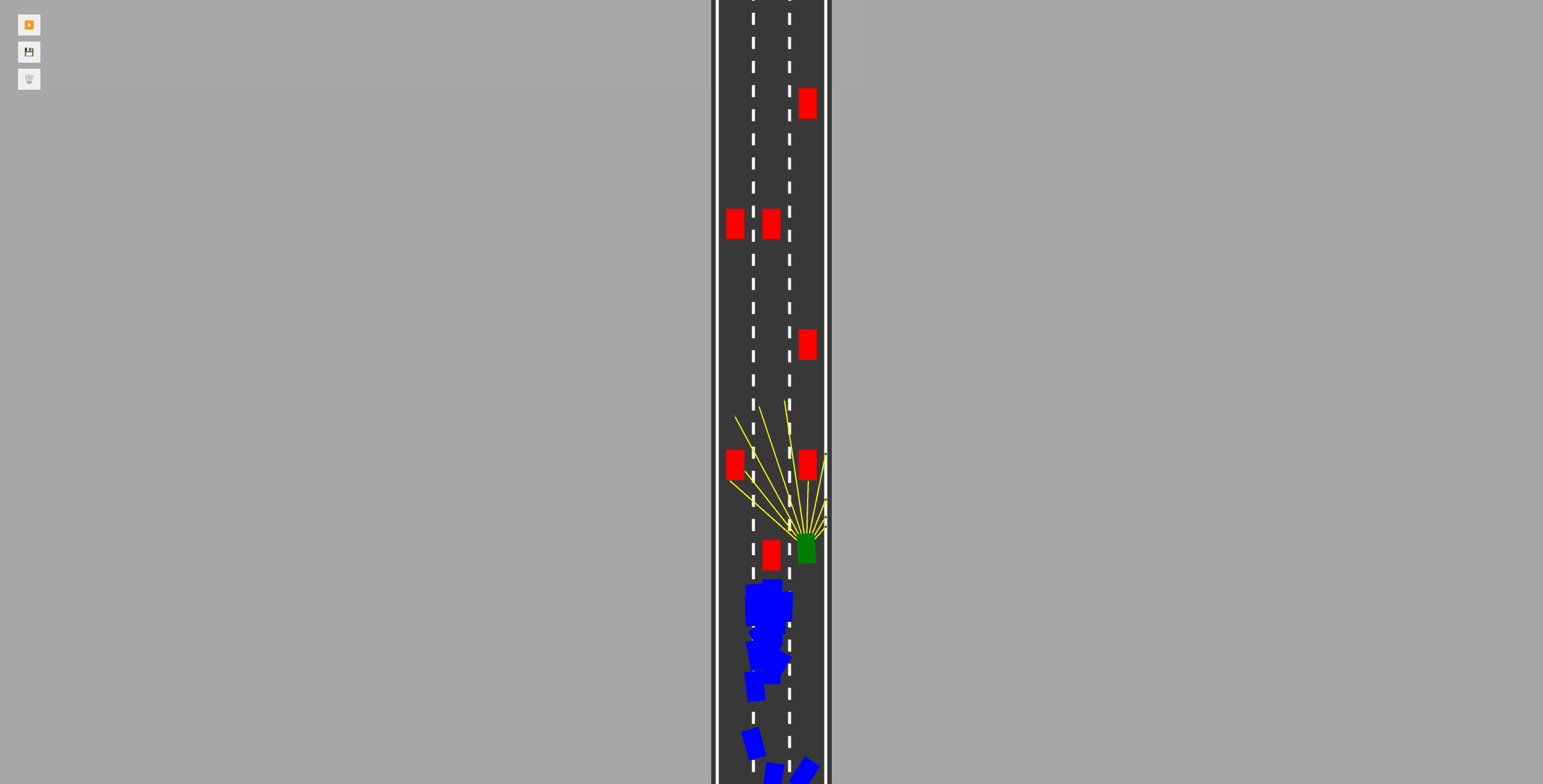 Fahrsimulation auf einer geraden Strecke mit Sensoren und Fahrzeugen